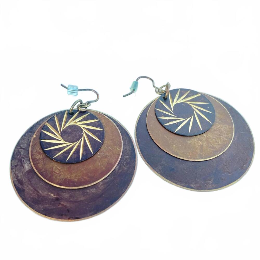 đŤSOLD OUTđŤVintage Layered Copper Brass Circle Dangle Etched Earrings - Picture 6 of 6